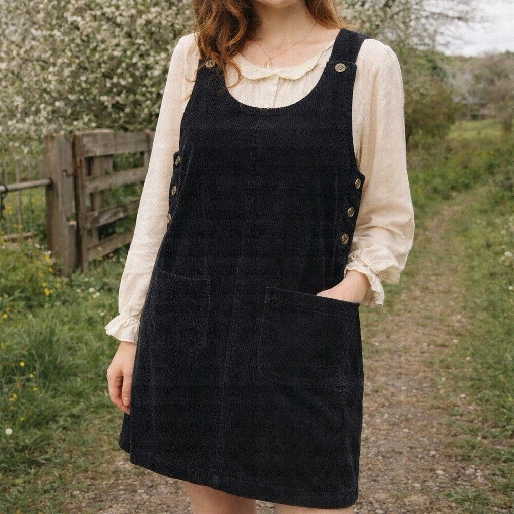 Vintage 90s Westport Black Corduroy Pinafore Dress Women's L Jumper Boxy Pockets